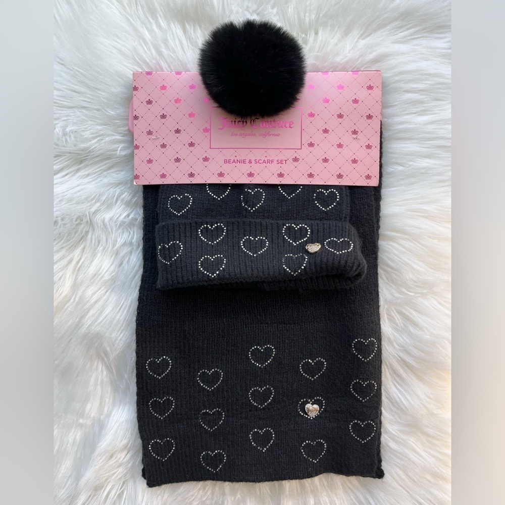 🆕 Juicy Couture Women's Black Beanie & Scarf Set Rhinestone Heart Winter